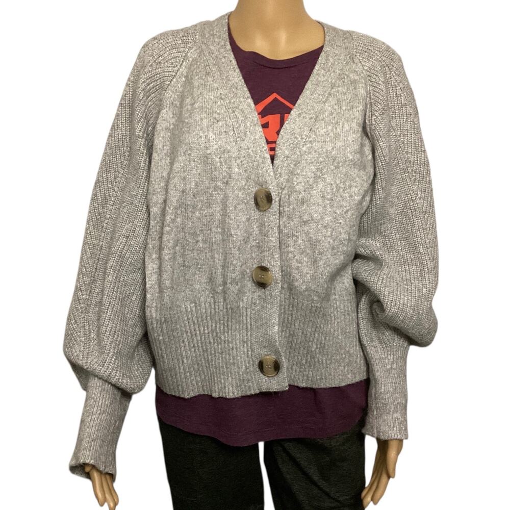 Anthropologie cropped cardigan balloon sleeve size L gray